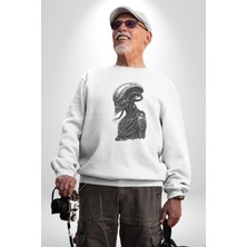 Uzaylı Predator Canavar Kadın Erkek  Beyaz Baskılı Sweatshirt