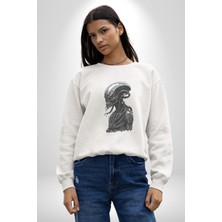 Uzaylı Predator Canavar Kadın Erkek  Beyaz Baskılı Sweatshirt