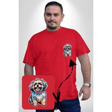 Shih Tzu Renkli Köpek Kırmızı Büyük Beden Kadın Basic Minimal Baskılı Tişört