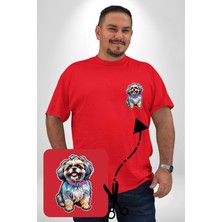Shih Tzu Renkli Köpek Kırmızı Büyük Beden Kadın Basic Minimal Baskılı Tişört
