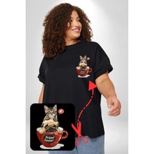 Kedi Ve Köpek Sonsuzadek Arkadaşız  Siyah Büyük Beden Kadın Basic Minimal Baskılı Tişört