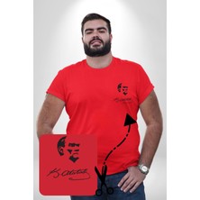Kemal Atatürk Imza Ve Silüet  Kırmızı Büyük Beden Kadın Basic Minimal Baskılı Tişört