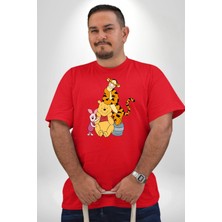 Winnie The Pooh Piglet Tiger Kırmızı Büyük Beden Erkek Kadın Unisex Basic Ön Baskılı Tişört