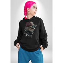 Angemiel Pilot Çeketli Deri Şapkalı Cool Kedi Kadın Erkek  Siyah Kapüşonlu Sweatshirt Hoodie