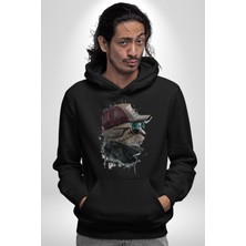 Angemiel Pilot Çeketli Deri Şapkalı Cool Kedi Kadın Erkek  Siyah Kapüşonlu Sweatshirt Hoodie