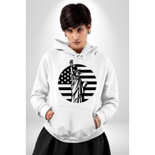 Angemiel Özgürlük Anıtı ve Amerikan Bayrağı Silüeti Kadın Erkek  Beyaz Kapüşonlu Sweatshirt Hoodie