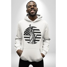 Angemiel Özgürlük Anıtı ve Amerikan Bayrağı Silüeti Kadın Erkek  Beyaz Kapüşonlu Sweatshirt Hoodie