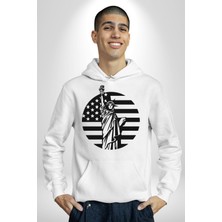 Angemiel Özgürlük Anıtı ve Amerikan Bayrağı Silüeti Kadın Erkek  Beyaz Kapüşonlu Sweatshirt Hoodie