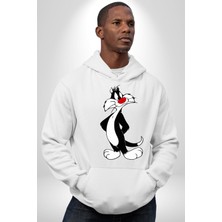 Angemiel Sylvester Kedi Kadın Erkek  Beyaz Kapüşonlu Sweatshirt Hoodie