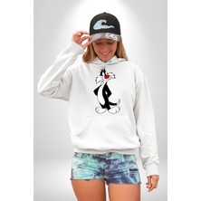 Angemiel Sylvester Kedi Kadın Erkek  Beyaz Kapüşonlu Sweatshirt Hoodie