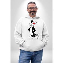 Angemiel Sylvester Kedi Kadın Erkek  Beyaz Kapüşonlu Sweatshirt Hoodie