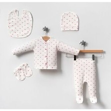 5 Parça Yeni Doğan Zıbın Set Hastane Cıkışı Fitilli Ekru Kumaşa Kalpli Kutulu