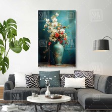 SML Tablo Vazo Içinde Beyaz Orkide Çiçeği ve Kırmızı Şakayık Aranjmanı Dikey Kanvas Tablo