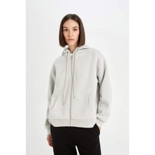 DeFacto Gri Okula Dönüş Relax Fit Kapüşonlu Kalın Basic Düz Cepli Fermuarlı Sweatshirt D8717AX24WN