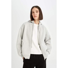 DeFacto Gri Okula Dönüş Relax Fit Kapüşonlu Kalın Basic Düz Cepli Fermuarlı Sweatshirt D8717AX24WN