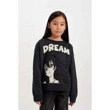 DeFacto Bisiklet Yaka Baskılı Triko Kazak Kız Çocuk C9665A824WN