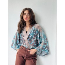 Retrobird Tasarım Şal Desenli Saten Mini Kimono Kadın Mavi