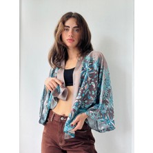 Retrobird Tasarım Şal Desenli Saten Mini Kimono Kadın Mavi