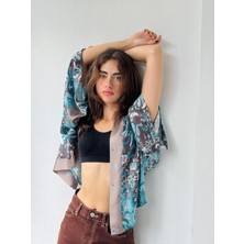 Retrobird Tasarım Şal Desenli Saten Mini Kimono Kadın Mavi