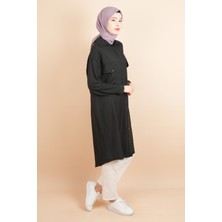 Kız Kulesi Tekstil Çift Cep Detaylı Boydan Uzun Gita Keten Tunik Siyah