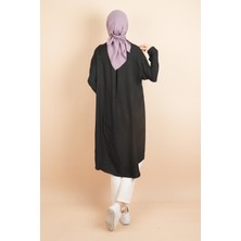 Kız Kulesi Tekstil Çift Cep Detaylı Boydan Uzun Gita Keten Tunik Siyah