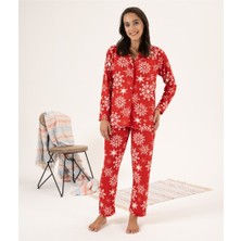 Estiva Kartanesi Desen Önden Düğmeli Süet Bayan Pijama Takım