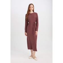 DeFacto Regular Fit Bürümcük Uzun Kollu Bağcıklı Midi Elbise D5024AX24AU