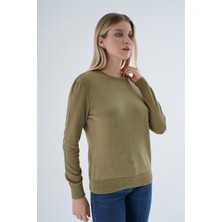 Trist Star Kadın Olive %100 Organik Pamuk Bisiklet Yaka Triko Kazak TRIST-6101