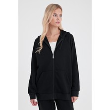 Kadın Grace Siyah Kapüşonlu Fermuarlı Regular Fit Basic Sweatshirt