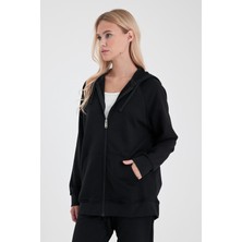 Kadın Grace Siyah Kapüşonlu Fermuarlı Regular Fit Basic Sweatshirt