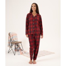 Estiva Kareli Desen Önden Düğmeli Süet Kadın Pijama Takım
