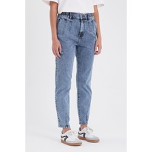 Kadın Norah Med Blue Beli Lastikli Yıpratmalı Jean Pantolon