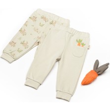 Baby Cosy Organik Pamuklu Tavşan Desenli Beli Lastikli Patiksiz 2'li Kız ve Erkek Bebek Pantolon