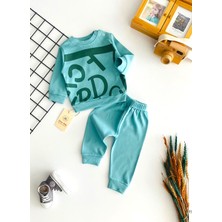 Neşeli Bebekler Harf Baskılı Yakadan Düğmeli Mevsmlik Takım Turkuaz