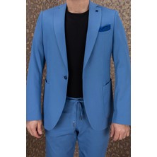 Erkek Slim Fit Mono Yaka Yarım Astar Açık Petrol Takım Elbise