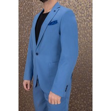 Erkek Slim Fit Mono Yaka Yarım Astar Açık Petrol Takım Elbise