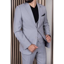 Erkek Slim Fit Sivri Yaka Açık Gri Yelekli Takım Elbise
