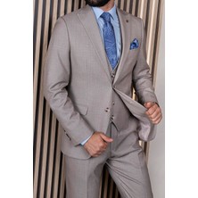 Erkek Slim Fit Sivri Yaka Bej Yelekli Takım Elbise