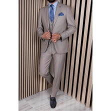 Erkek Slim Fit Sivri Yaka Bej Yelekli Takım Elbise