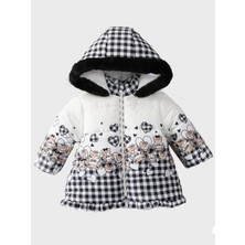 Yeni Bear Baskılı Fırfır Detaylı Varaklı Içi Kürklü Kapüşonlu Kışlık Içi Peluş Kız Bebek Mont Şişme