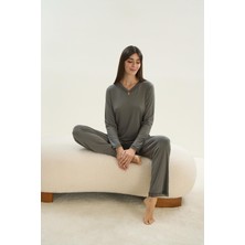 Kadın Uzun Kol Kaşkorse Haki Pijama Takım C7T7N1O61