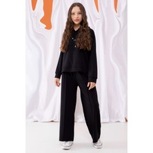 Siyah Cool Yazılı Kapüşonlu Geniş Paça Kız Çocuk Eşofman Takımı 19534