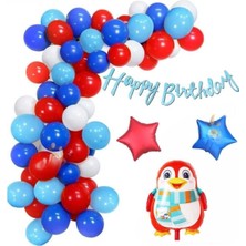 Düvenci Ticaret Penguen Yıldız Folyo Balonlu Kırmızı Mavi Beyaz Konsept Doğum Günü Parti Seti