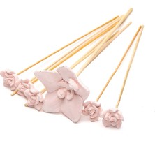 TeknoTrust Pembe Çiçek Taşlı 12'li Doğal Bambu Kamış Seti, Ahşap, Beyaz, 5+ Parça