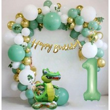 Düvenci Ticaret Mat Yeşil 1 Yaş Ayaklı Timsah Folyo Balon Happy Birthday Kaliğrafi Yeşil Gold Doğum Günü Parti Seti