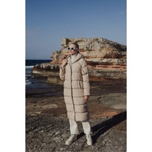 Olcay Kapüşonlu Fermuar Kapamalı Uzun Şişme Mont TAŞ 6667