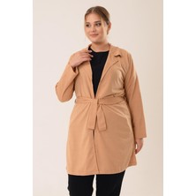 Pınkmark Kadın Camel Kuşaklı Kruvaze Büyük Beden Uzun Ceket PMCK25541