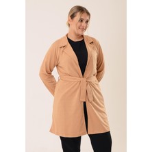 Pınkmark Kadın Camel Kuşaklı Kruvaze Büyük Beden Uzun Ceket PMCK25541