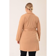 Pınkmark Kadın Camel Kuşaklı Kruvaze Büyük Beden Uzun Ceket PMCK25541