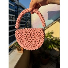 Yuvarlak Kadife Boncuk Tasarım Çanta - Pembe
